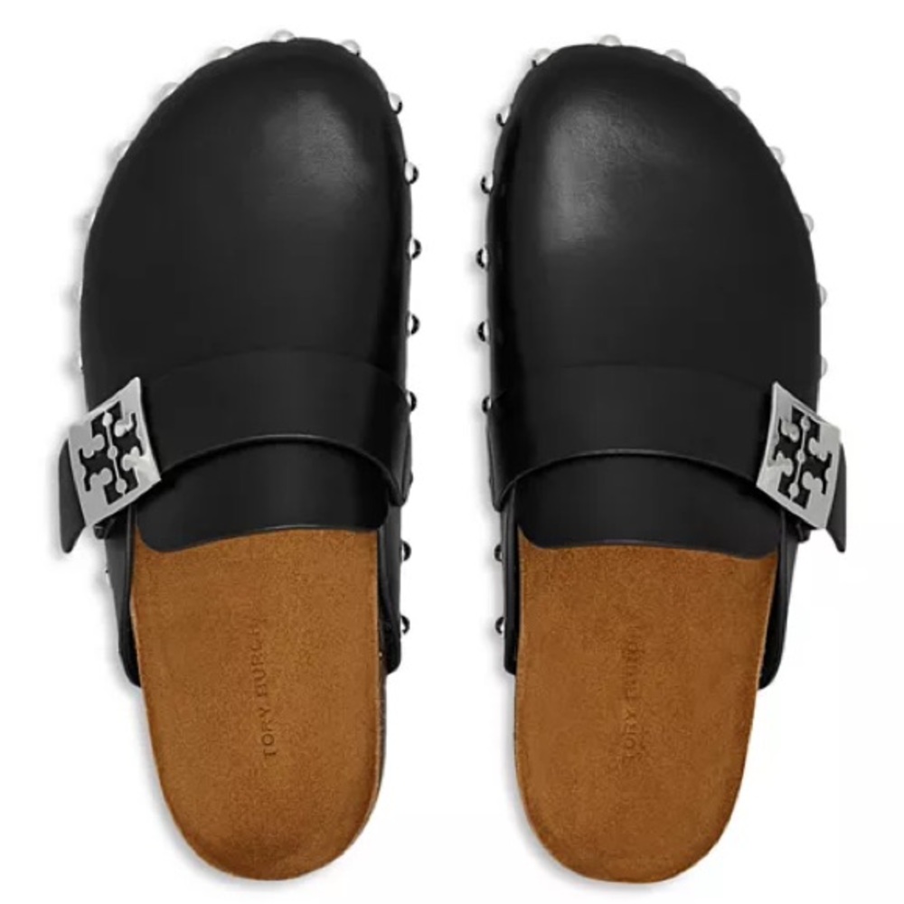 Tory Burch Black Leather Studded Mule Clogs with Silver Logo Accent - Picture 3 of 9